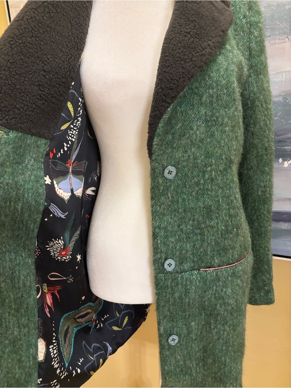 POM Amsterdam Green Wool-Blend Pea Coat with Contrast Sherpa Collar